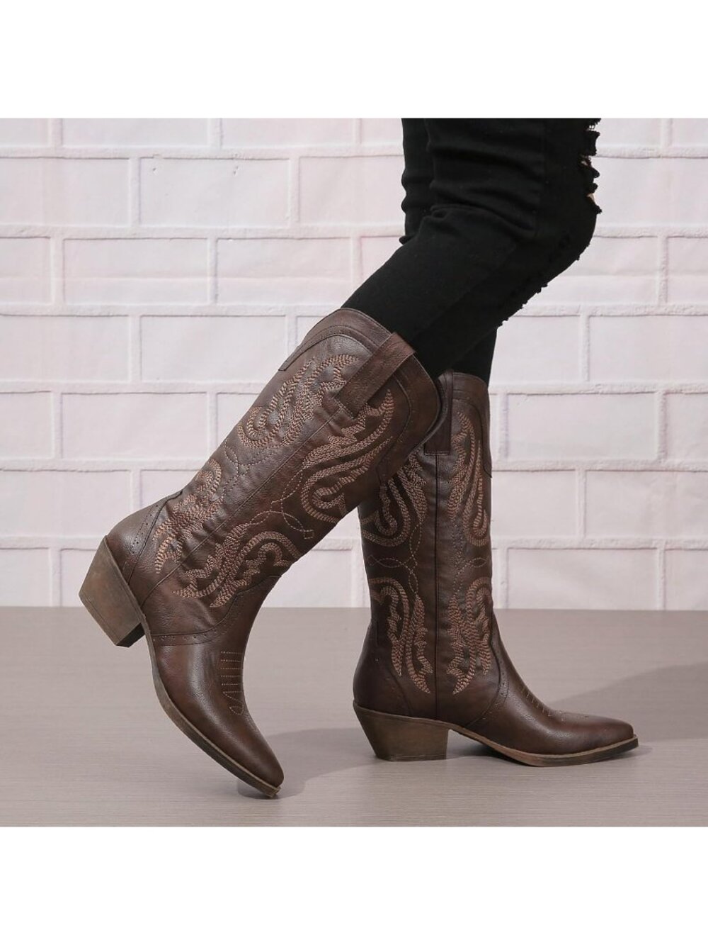 Women's Dark Brown Mid Calf Embroidered Western Snip Toe Chunky Heel Cowboy Boot - Picture 6 of 6